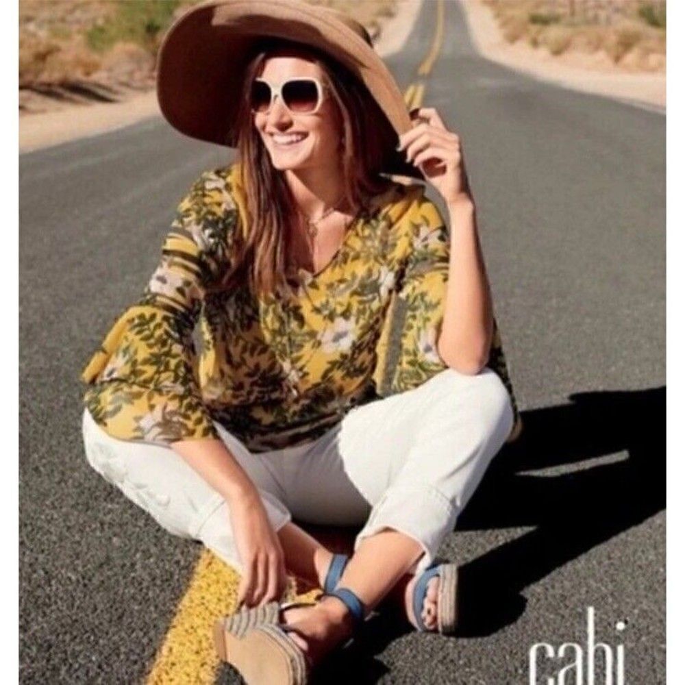 Cabi Spring Scene Blouse Yellow Floral Sheer Bell Sleeve Top XS